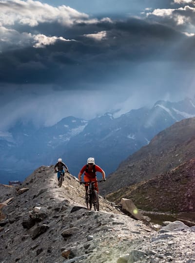Matthias Guntersperger and Nicolas Wicki ride the Moraine Ridge from the Fluhalp hut, Zermatt, Switzerland on 24 July 2018.