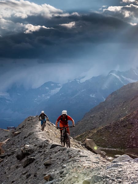 Matthias Guntersperger and Nicolas Wicki ride the Moraine Ridge from the Fluhalp hut, Zermatt, Switzerland on 24 July 2018.