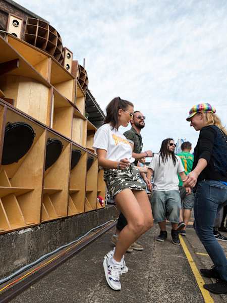 A speaker stack at The Great Antipodean Reggae Soundsystem Carnival in Sydney, Australia, in 2016.