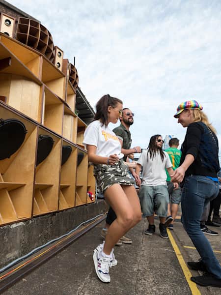 A speaker stack at The Great Antipodean Reggae Soundsystem Carnival in Sydney, Australia, in 2016.