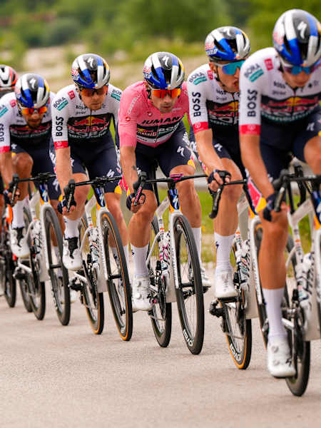 Primož Roglič of Red Bull - BORA - hansgrohe team during Stage 3 of the Giro d'Italia from Valona to Valona, Albania, on Sunday, May 11, 2025.