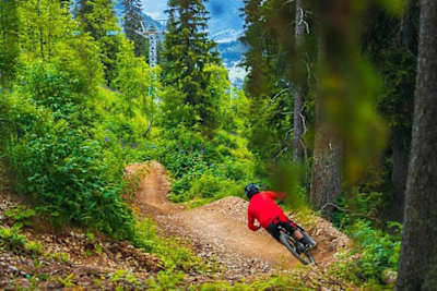 Un rider de VTT descend une piste du bike park de Champery dans le domaine des Portes du Soleil en Suisse.
