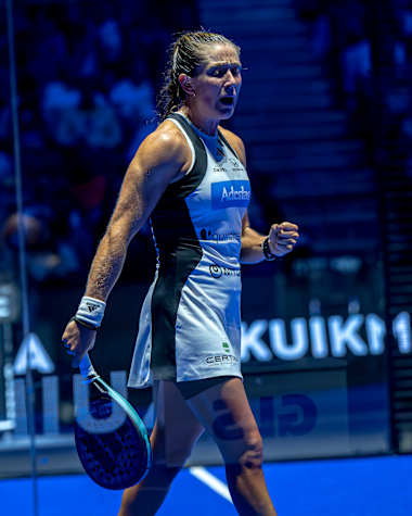 Marta Ortega Gallego and Sofia Araujo celebrate winning the semi-finals at the Madrid Premier Padel P1 in Madrid, Spain on September 7, 2024.