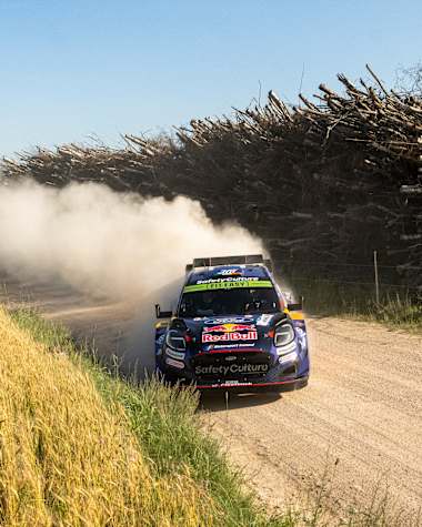 On July 19, 2025, Josh McErlean of the M-Sport Ford World Rally Team speeds through a dusty stage at the World Rally Championship Estonia in Tartu, showcasing Red Bull’s dynamic racing spirit