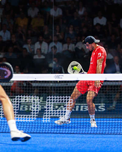 Alejandro Galan (R) of Spain and Federico Chingotto (L) of Argentina competes during the BNL Italy Major Premier Padel final match held at the Foro Italico in Rome, Italy on June 15, 2025.