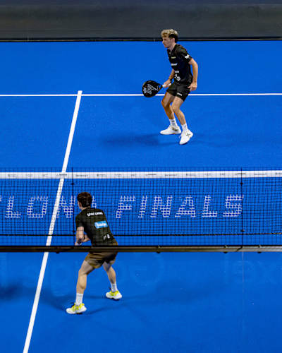 Martín Di Nenno, Franco Stupaczuk, Paquito Navarro and Jon Sanz fiercely compete during the Premier Padel 2025 Finals in Barcelona, Spain on December 14
