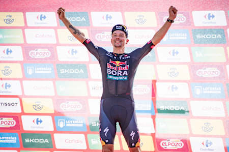 Red Bull BORA - hansgrohe rider Primož Roglič triumphs atop the podium after winning stage 8 from Úbeda to Cazorla at La Vuelta a España 2024 in Spain.