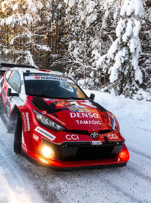 In Umea, Sweden, Takamoto Katsuta steers the TOYOTA GAZOO RACING WRT car through icy turns during the 2026 World Rally Championship. 
