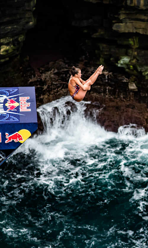 Jaki Valente dives at the fourth stop of the Red Bull Cliff Diving World Series in Downpatrick Head, Ireland on September 10, 2021.
