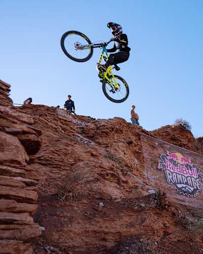 Robin Goomes launches into a spectacular mountain bike jump during practice at Red Bull Rampage in Virgin, Utah, USA.