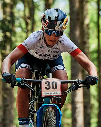 Emily Batty performs during the UCI XC World Cup in Nove Město na Morave, Czech Republic on May 26, 2019.
