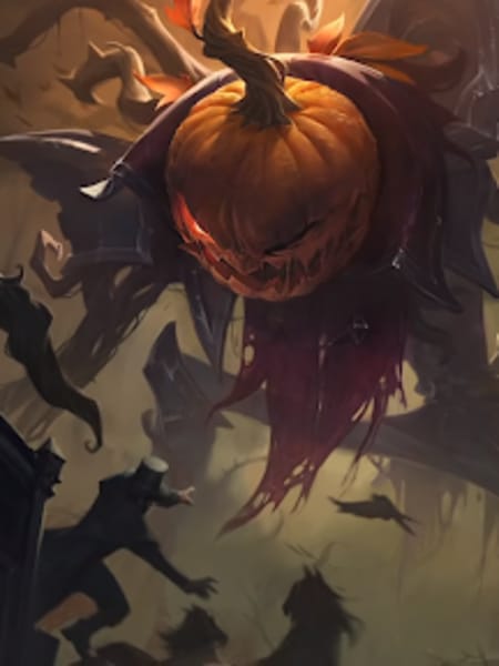 Le jungler Fiddlesticks façon citrouille dans le jeu League of Legends.