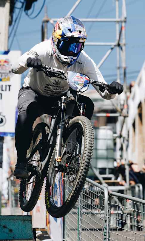 Tomáš Slavík takes on the challenging urban course of Red Bull Valparaíso Cerro Abajo in Valparaíso, Chile, leaping down colourful city stairs during the thrilling 2026 race event