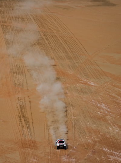 Nasser Al-Attiyah and Mathieu Baumel racing against Lucas Moraes and Timo Gottschalk during Stage 12 of the Dakar 2023 between Empty Quarter Marathon and Shaybah, Saudi Arabia, on January 13, 2023.