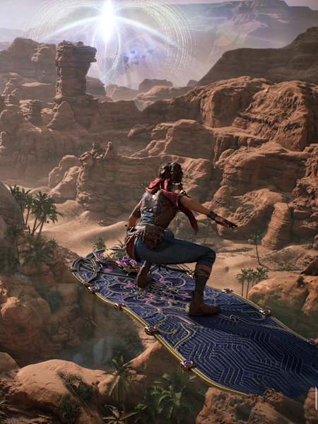 Preview artwork from 1001 Threads of Mizan featuring a protagonist crouched atop a desert cliff.