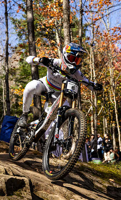 Jackson Goldstone performs during the race at UCI Mountain Bike World Cup 2025 - Mont-Saint-Anne, Canada on October 11, 2025.