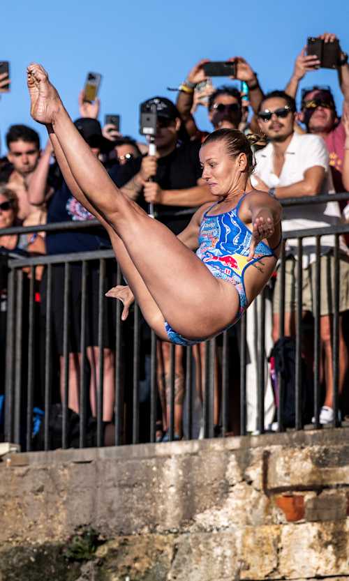 Rhiannan Iffland of Australia dives at the 2024 Red Bull Cliff Diving World Series in Polignano a Mare, Italy on June 28, 2024.