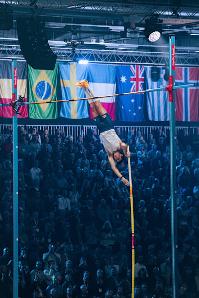 Armand Duplantis jumping at Mondo Classics, Uppsala, Sweden on February 2, 2023