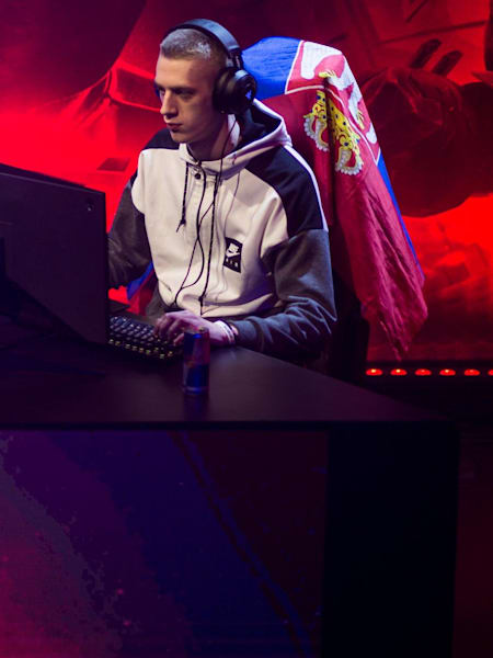 Avgeropoulos 'Maxbillion' Konstantinos and Nemanja 'Nemanj4' Bakic perform during Red Bull Player One in São Paulo, Brazil