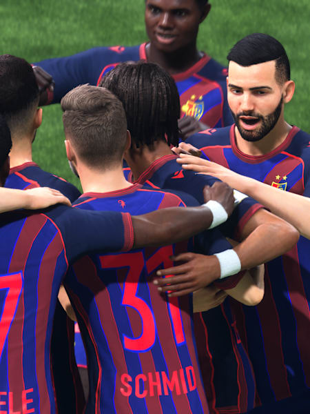 Hráči FC Baziluje oslavujú gól v zápase EA Sports FC 26.