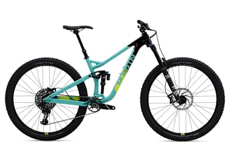 De blauwe Marin Alpine Trail 8 mountainbike met groene en zwarte afwerkingen.