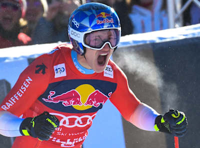 Marco Odermatt celebrating at the FIS Ski Alpine World Cup at the Streif in Kitzbühel, Austria on 2024/01/19. 