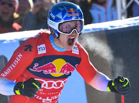 Marco Odermatt celebrating at the FIS Ski Alpine World Cup at the Streif in Kitzbühel, Austria on 2024/01/19. 