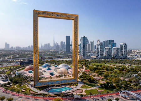 View of the Dubai Frame, the setting for the Red Bull Tetris World Final drone show held in Dubai, UAE on December 13, 2025.