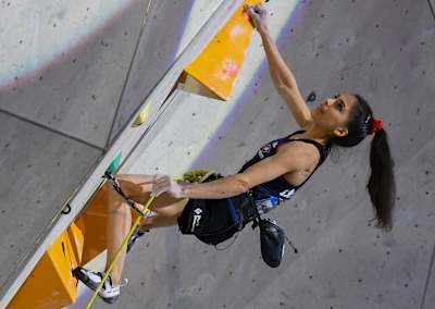 Natalia Grossman (USA) performing at the IFSC Climbing World Cup in Innsbruck, Austria on June 25, 2022.