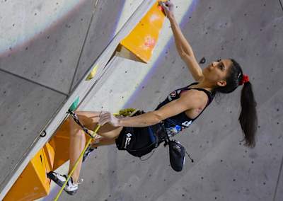 Natalia Grossman (USA) performing at the IFSC Climbing World Cup in Innsbruck, Austria on June 25, 2022.
