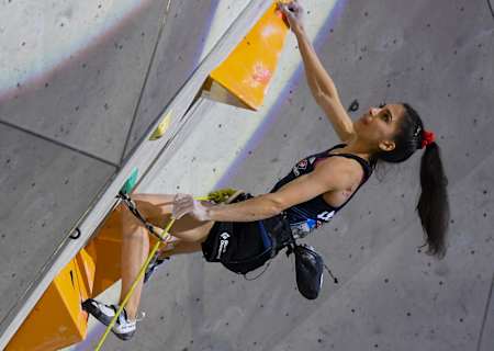 Natalia Grossman (USA) performing at the IFSC Climbing World Cup in Innsbruck, Austria on June 25, 2022.