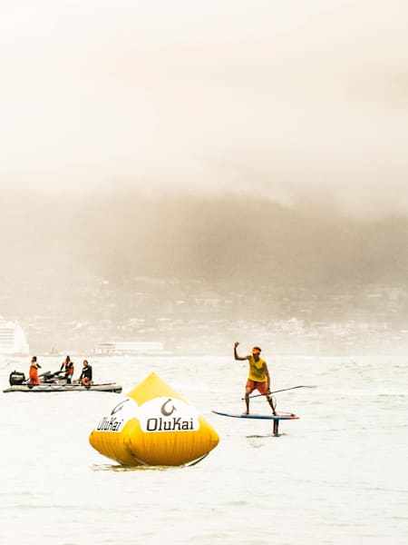 Connor Baxter celebrates his SUP foil win in Maui, Hawaii, April 29, 2018.