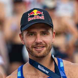 Anders Mol and Christian Sørum seen during the A1 Beach Pro Tour at the Red Bull Beach Arena in Vienna, Austria on July 14, 2024.