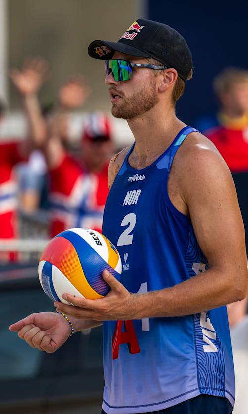 Christian Sørum seen during the A1 Beach Pro Tour at the Red Bull Beach Arena in Vienna, Austria on July 14, 2024.