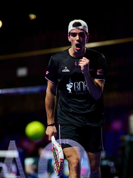 Juan Lebron celebrates a point during the 2025 Motorola Razr Miami Premier Padel P1 quarterfinals, showcasing his determination on the court