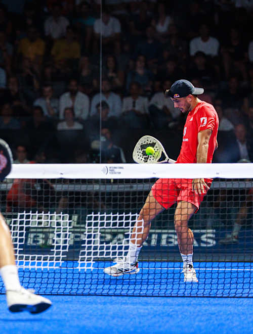 Alejandro Galan (R) of Spain and Federico Chingotto (L) of Argentina competes during the BNL Italy Major Premier Padel final match held at the Foro Italico in Rome, Italy on June 15, 2025.