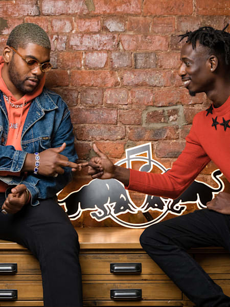 A photo of producer Rasstokyo and songwriter and rapper Nic da Kid posing for a portrait during the filming of Red Bull TV show The Cut.
