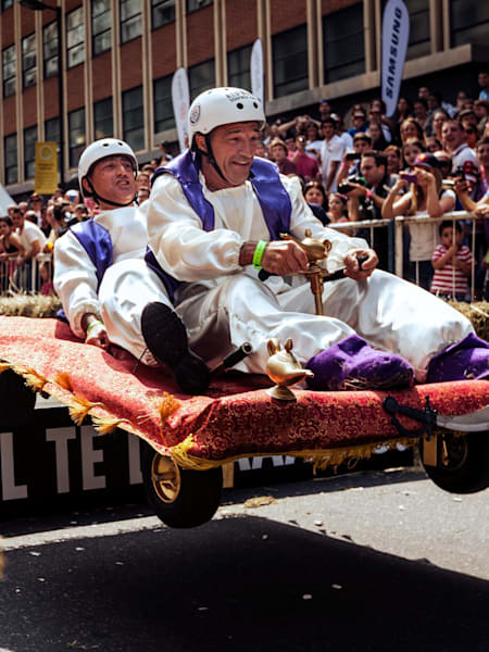The team 'Magic Carpet' in mid-air during their run at Red Bull Soapbox Race in Buenos Aires, Argentina