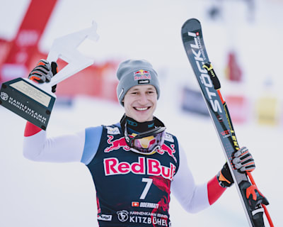 Marco Odermatt of Switzerland seen in the finish area during the Hahnenkamm Race in Kitzbuhel, Austria on January 23, 2022. 