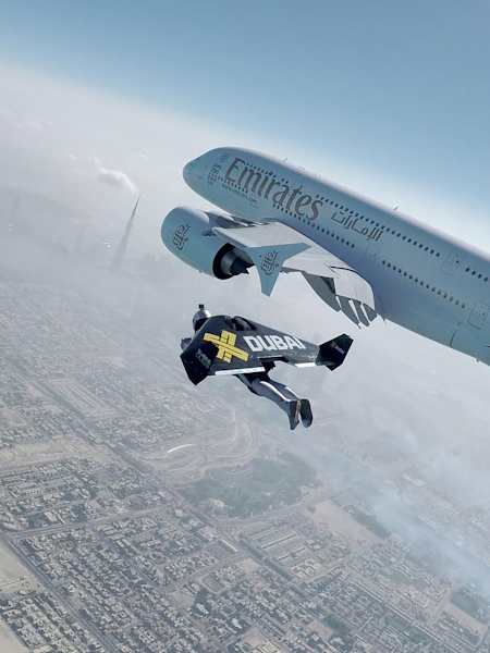 Vincent Reffet and Yves Rossy fly next to an Airbus