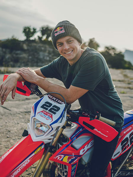 Jonny Walker poses with his new Beta bike, 2021