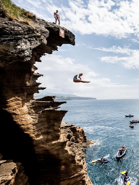 Rachelle Simpson in action at the Red Bull Cliff Diving stop in the Azores, Portugal, in 2015.