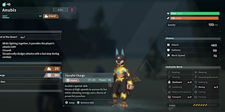 Capture d'écran du jeu Palworld montrant le Pal Anubis.