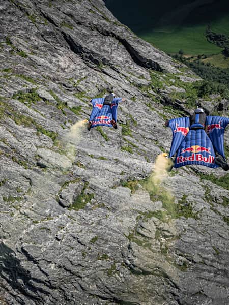 The Red Bull Skydive Team in flight in Norway.