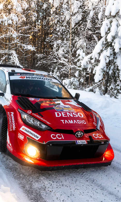 In Umea, Sweden, Takamoto Katsuta steers the TOYOTA GAZOO RACING WRT car through icy turns during the 2026 World Rally Championship. 