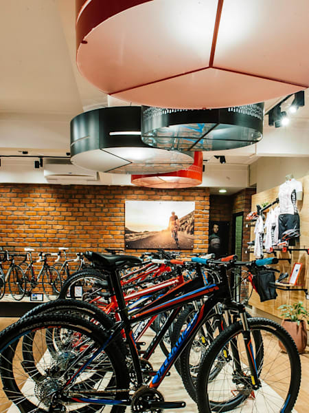 Bike shop with mountain bikes and clothing.