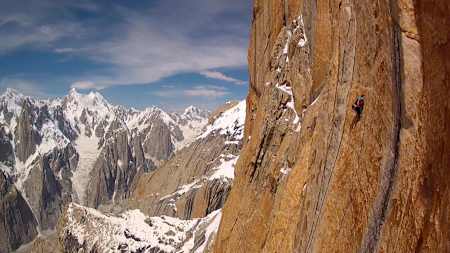 David Lama climbing the Nameless Tower in Pakistan in shot captured on a drone camera