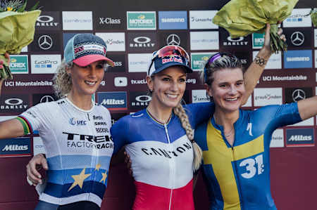 Jolanda Neff, Pauline Ferrand-Prevot and Jenny Rissveds during the XCC race at Rd 6 of the UCI MTB World Cup 2019 in Lenzerheide, Switzerland.