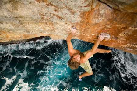 Chris Sharma deep water solos in Mallorca.