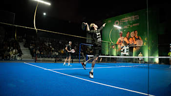 Franco Stupaczuk and Juan Lebron in the Riyadh Season Premier Padel P1 in Padel Rush Arena on February 14, 2025.